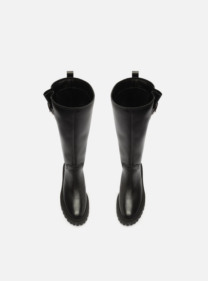 Bota Preta Couro Cano Longo Tratorada