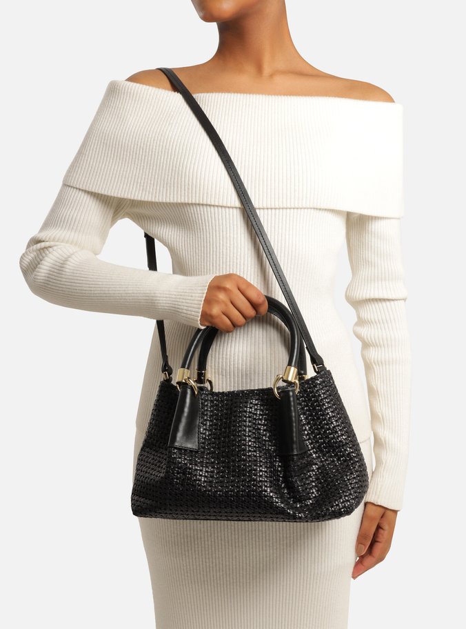 Bolsa Tote Preta Couro Tramada Média