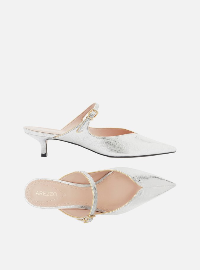 Mule Prata Couro Bico Fino Boneca