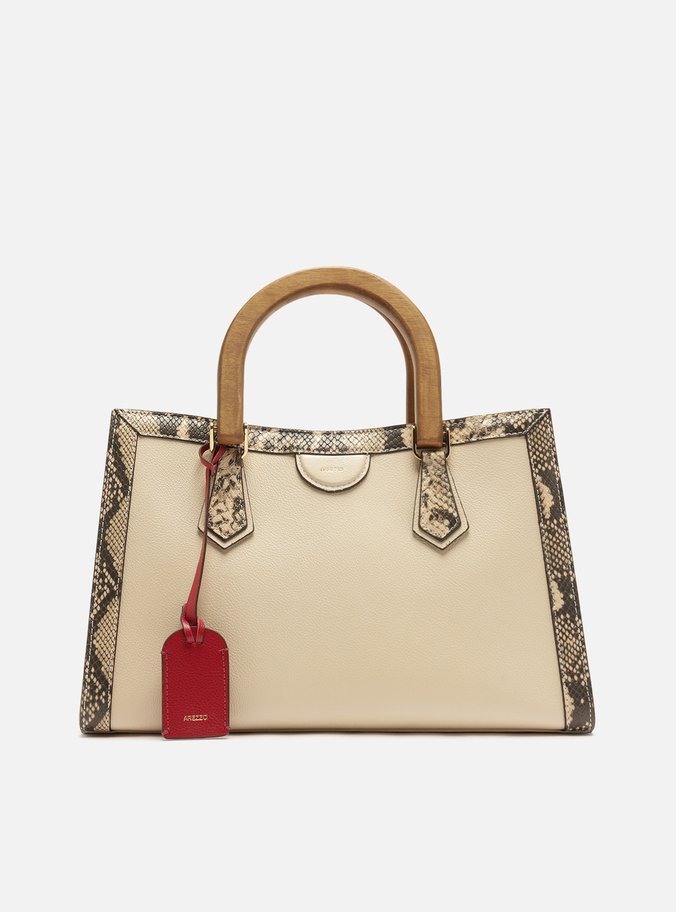 Bolsa Tote Preta Couro Média Alça Madeira