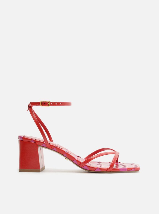 Sandália Vermelha Tressê Rosa Salto Médio Bloco