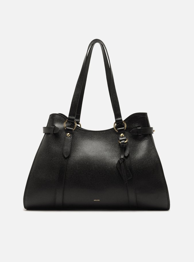 Bolsa Shopping Preta Couro Grande Tiras Fivelas