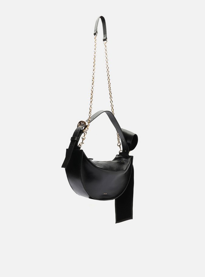 Bolsa Tiracolo Preta Couro Média Laço Metal