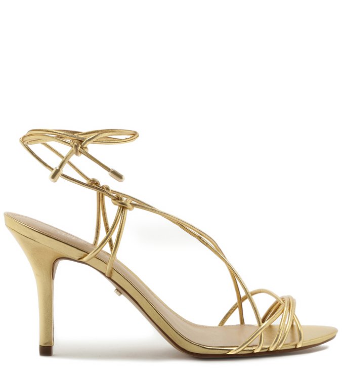 Sandália Couro Metalizado Tirinhas Salto Médio New Golden