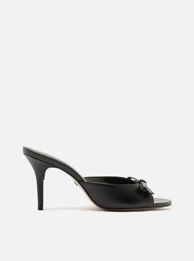 Mule Preta Couro Salto Médio Fino Laço