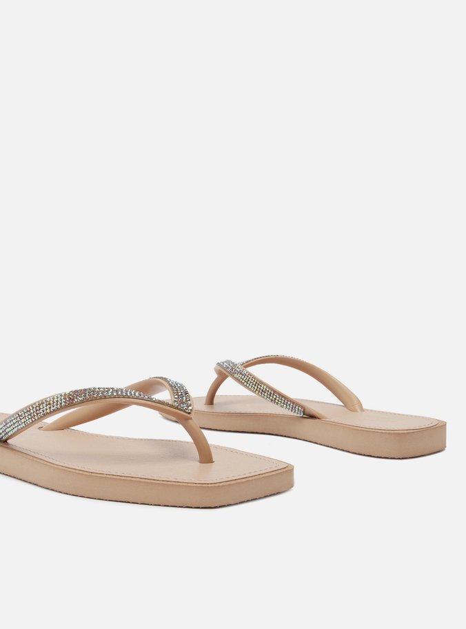 Chinelo de Dedo Bege Square Strass