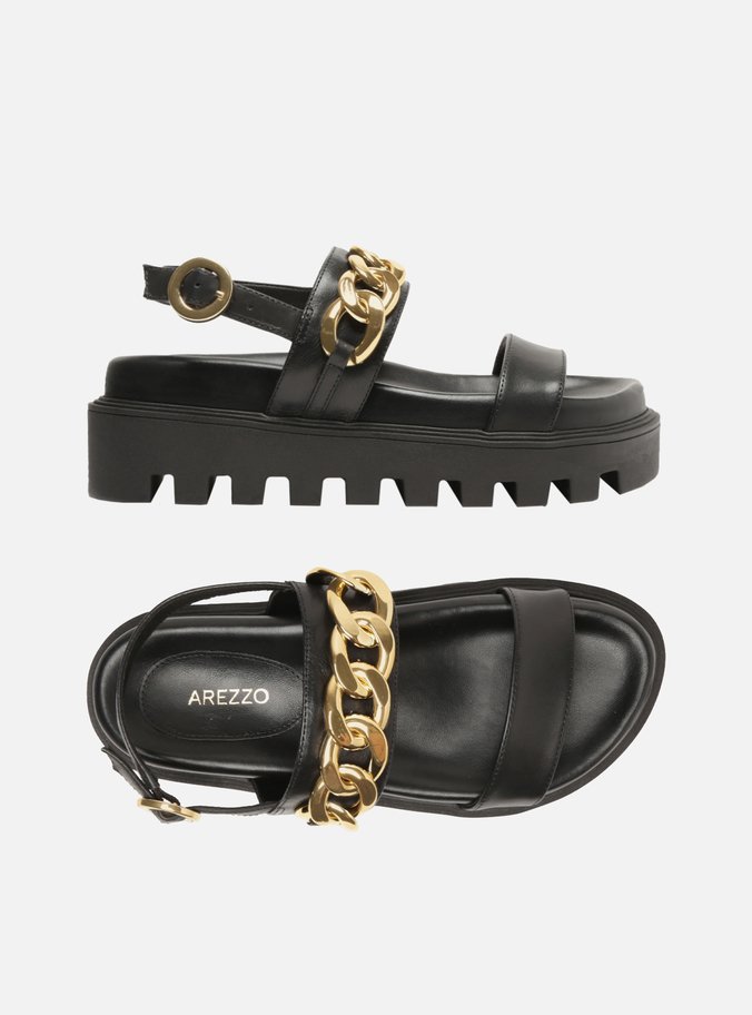 Sandália Preta Couro Flatform Tratorada Corrente