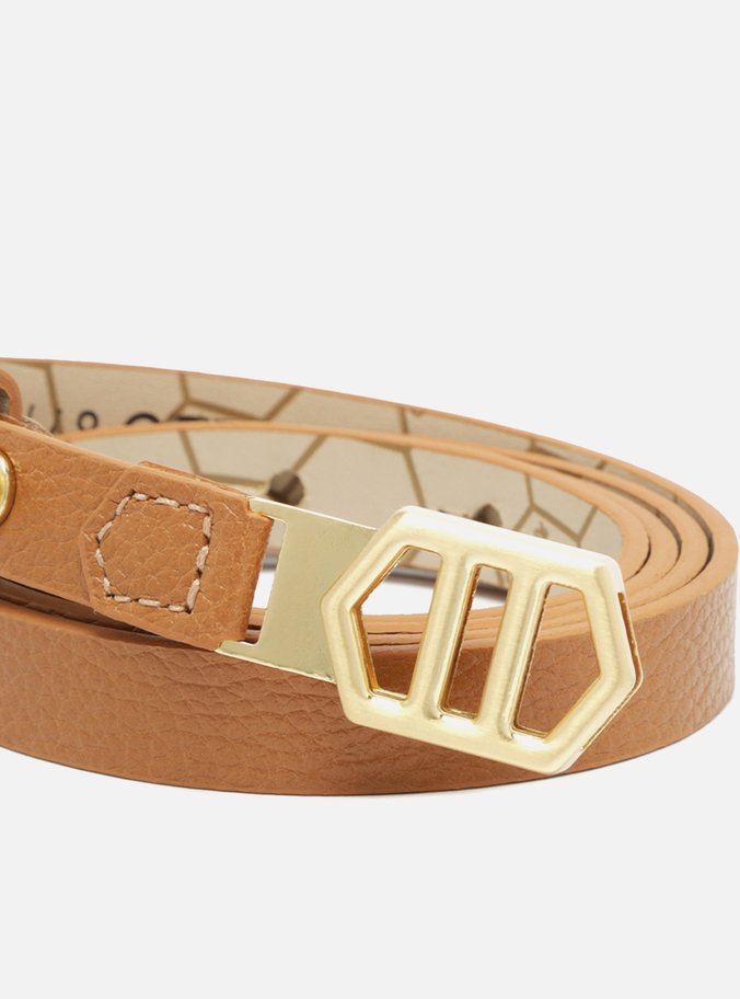 Cinto Marrom Fino Couro Fivela Hexagonal