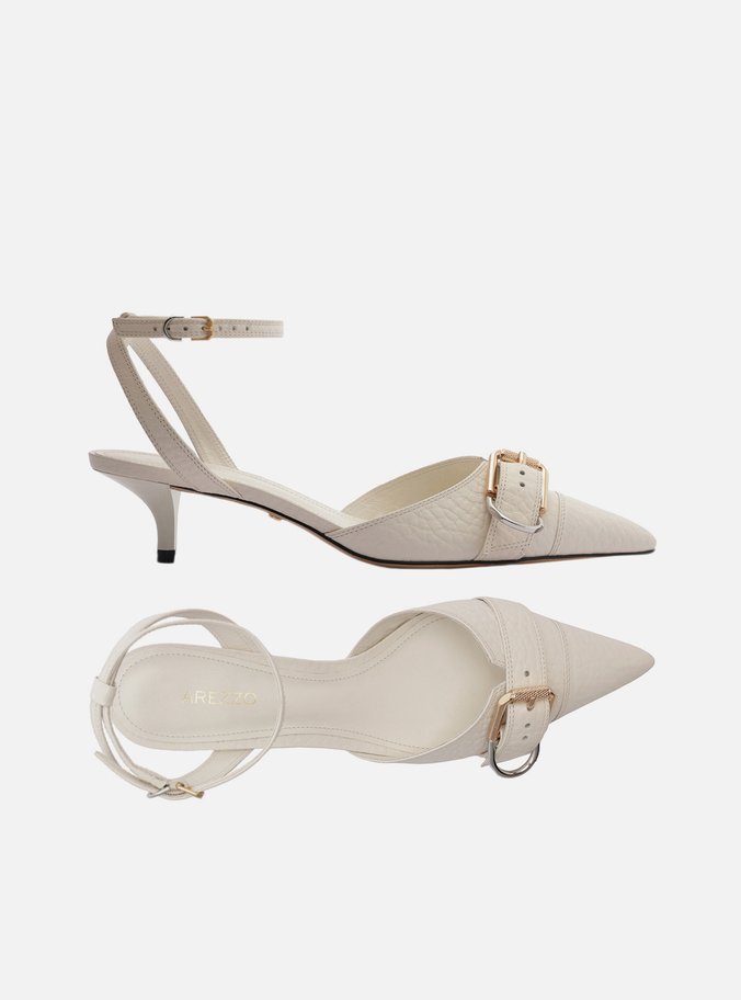 Scarpin Branco Couro Salto Kitten Aberto Fivela