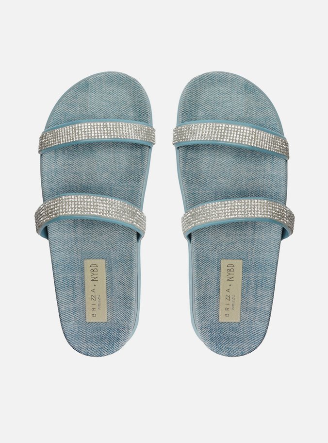 Sandália Rasteira Azul Jeans Tratorada Strass Brizza