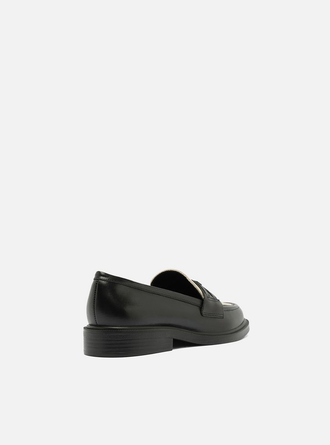 Mocassim Preto Couro Tira Branco