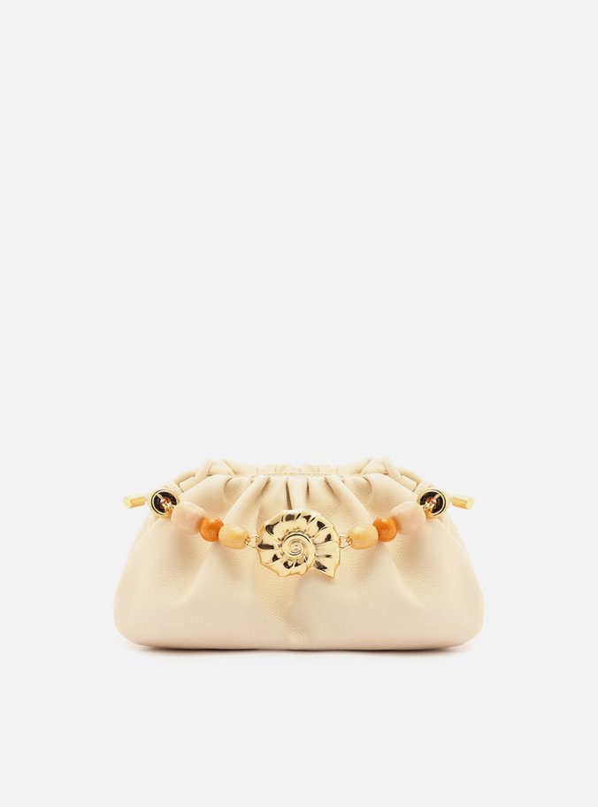 Clutch Branca Couro Média Pedrarias Concha