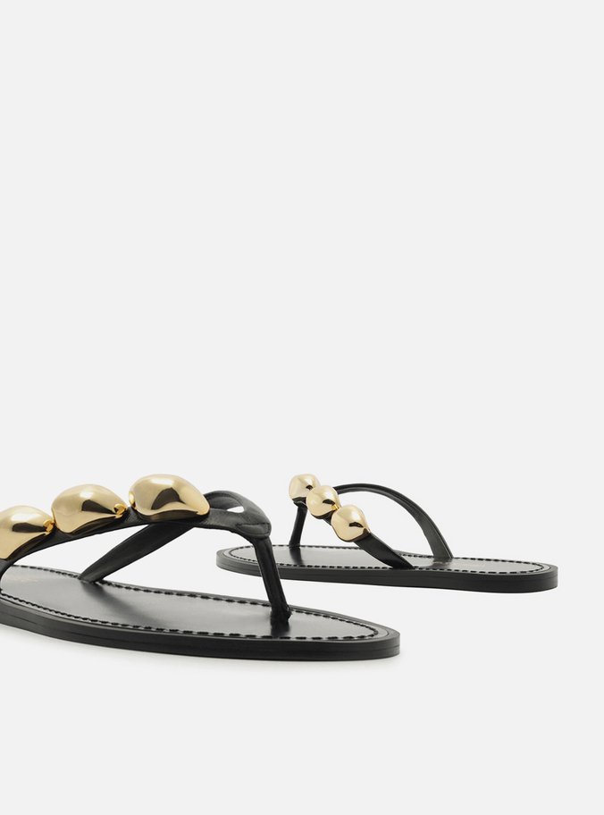Rasteira Preta Couro Flip Flop Metais