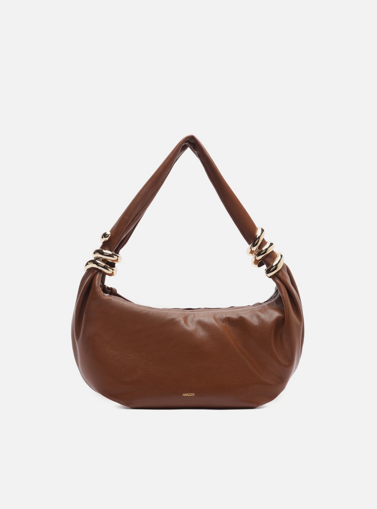 Bolsa Hobo Marrom Couro Média Argolas Douradas — foto 1
