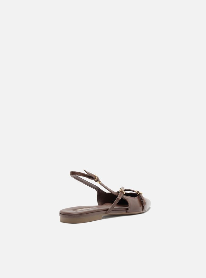 Sapatilha Marrom Couro Bico Fino Slingback Fivelas