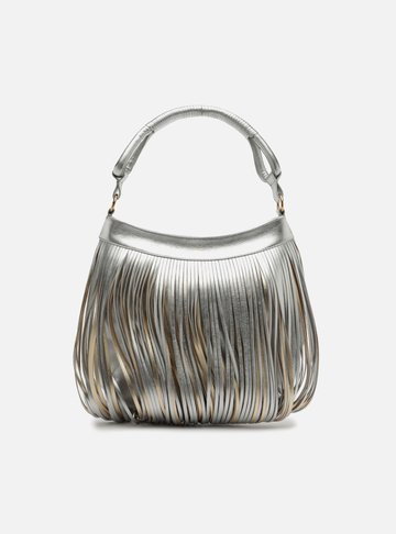 Bolsa Hobo Prata Couro Média Franjas Metalizada