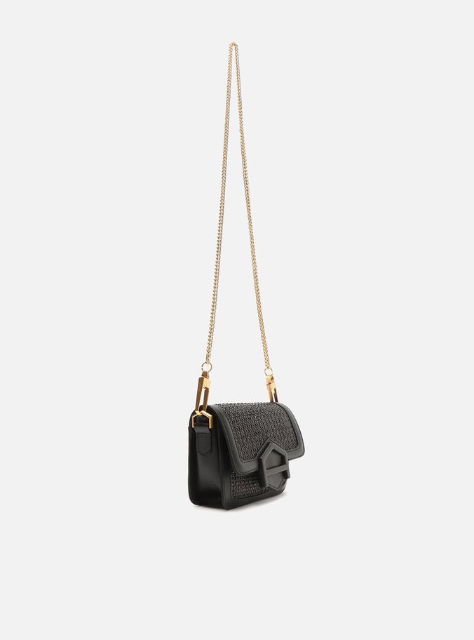Bolsa Tiracolo Preta Couro Pequena Tramada Corrente