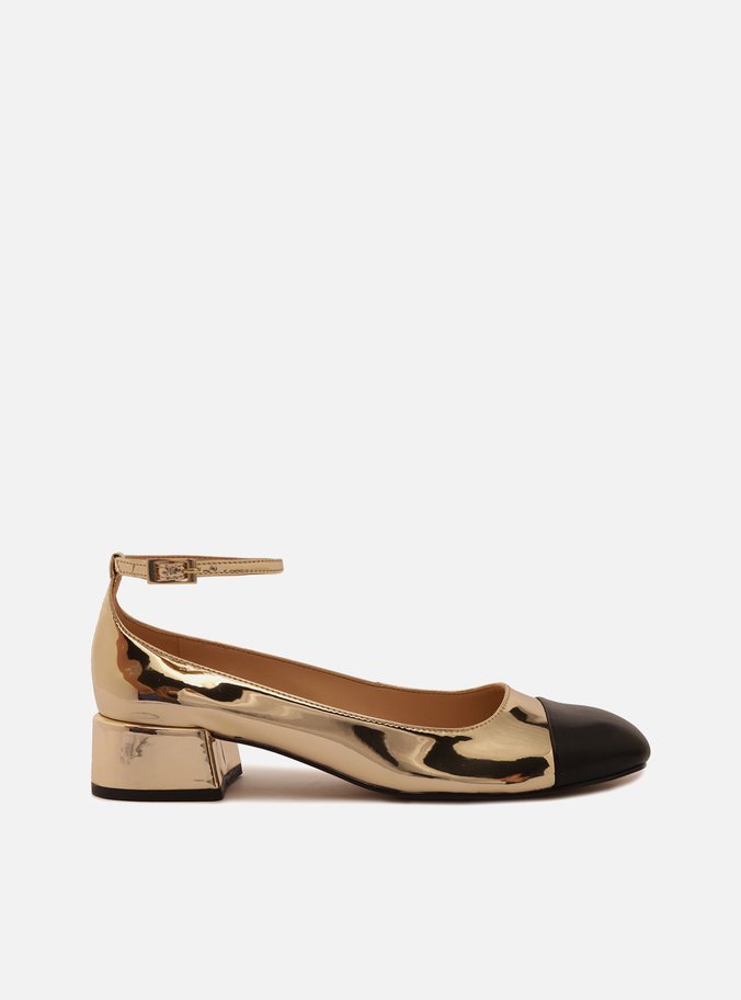 Sapato Boneca Dourado Bico Quadrado Cap Toe