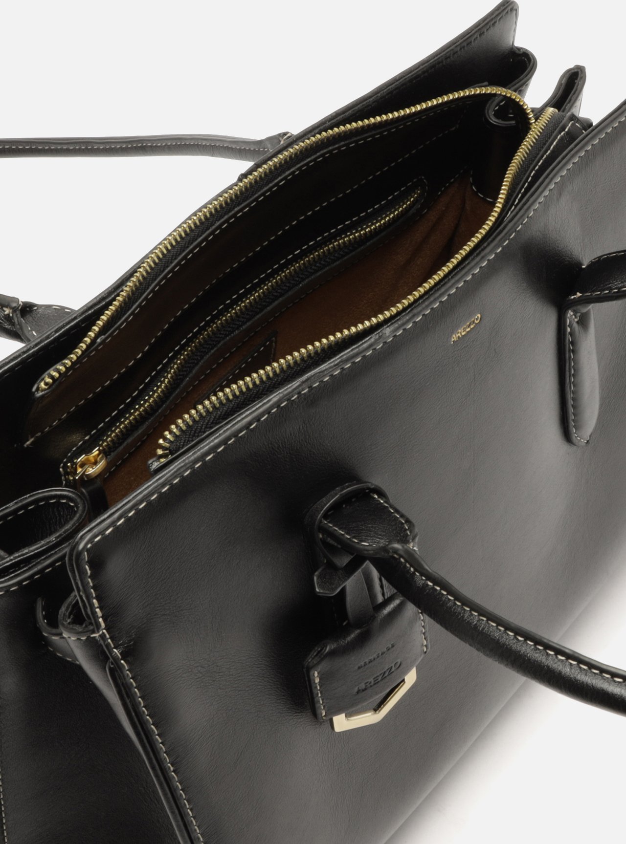 Bolsa Tote Preta Couro Média Metais — foto 4