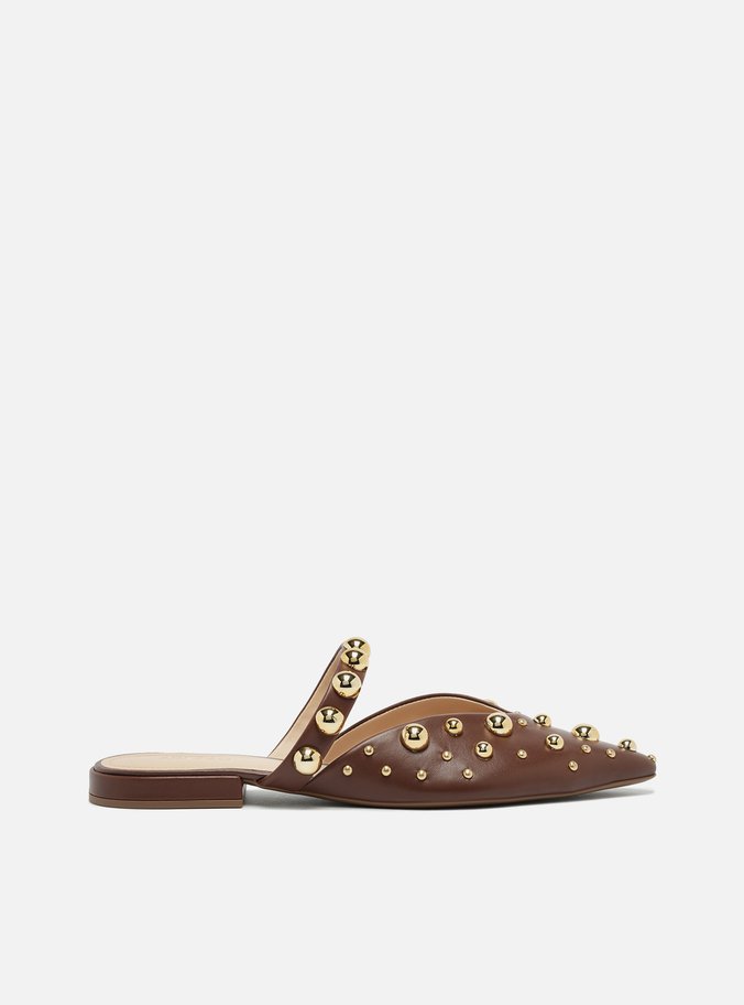 Mule Marrom Couro Fechada Tachas