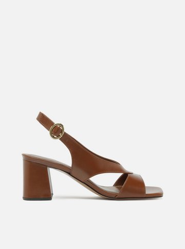 Sandália Marrom Couro Salto Bloco Slingback Tiras