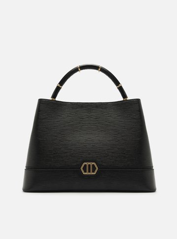 Bolsa Tote Preta Couro Grande Anéis