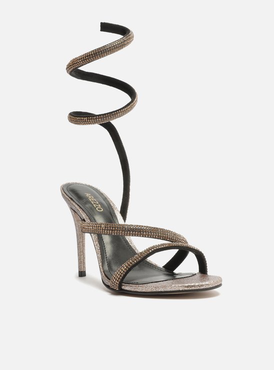Sandália Dourada Salto Fino Espiral Glitter Strass Gigi