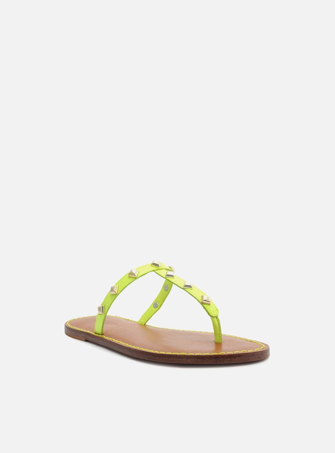 Sandália Rasteira Amarela Couro Slim Studs Ella