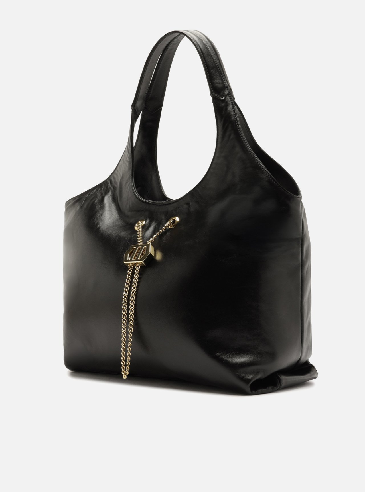 Bolsa Hobo Preta Couro Grande Corrente Dourada — foto 2