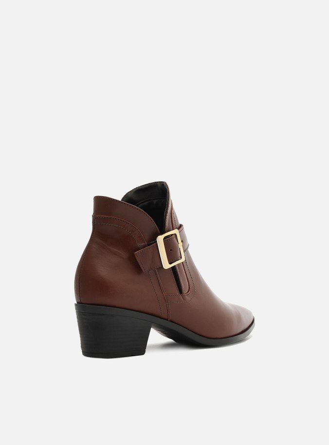Bota Marrom Escuro Couro Cano Curto Bico Fino Fivela