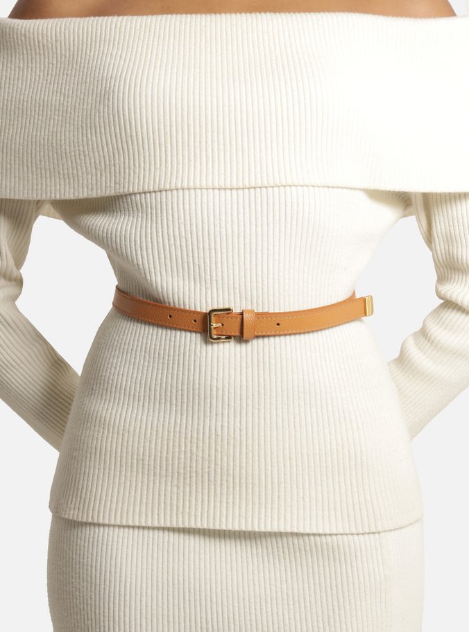 Cinto Marrom Couro Fino Fivela Quadrada Metal