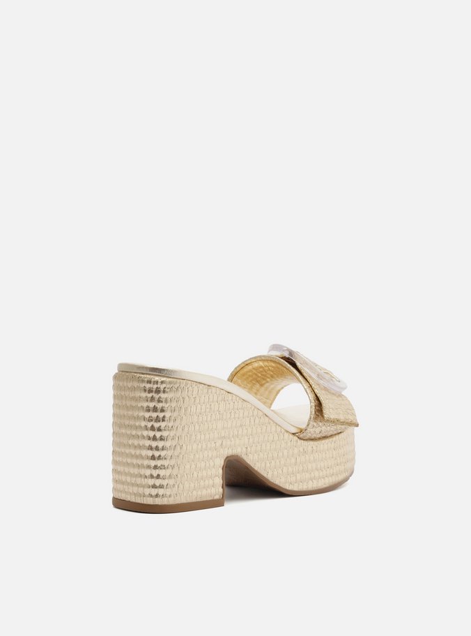 Tamanco Dourado Textura Plataforma Tira Fivela