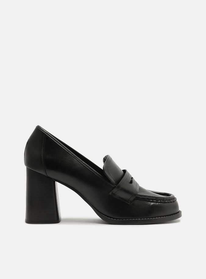 Loafer Preto Couro Salto Bloco Tira