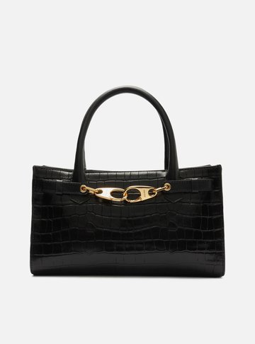 Bolsa Tote Preta Couro Croco Grande Ganchos