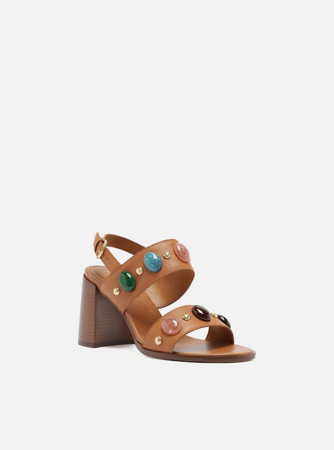 Sandália Marrom Couro Bloco Pedras Boho