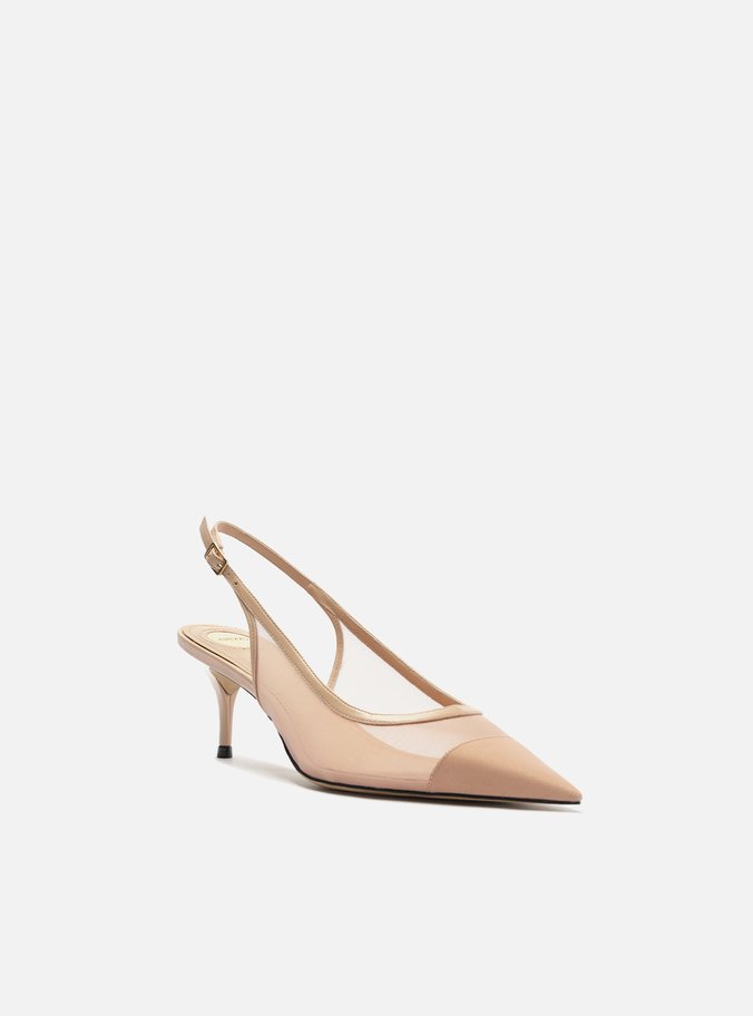 Scarpin Bege Tela Salto Kitten Slingback