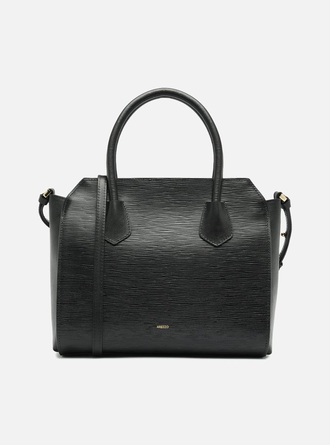 Bolsa Tote Preta Couro Textura Grande Metal
