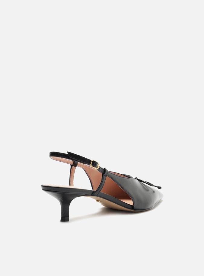 Scarpin Preto Couro Bico Fino Slingback Laço