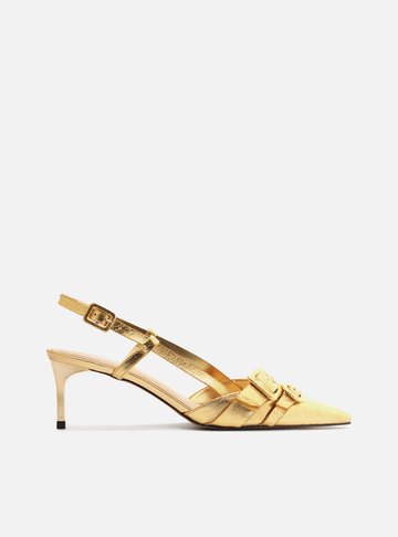 Scarpin Dourado Couro Salto Baixo Slingback