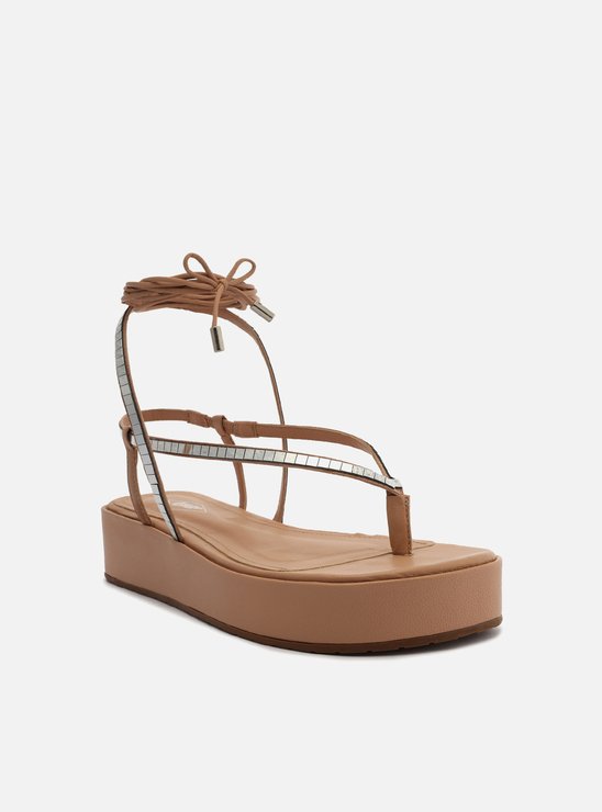 Sandália Nude Flatform Amarração Brilho