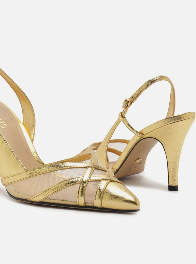 Scarpin Dourado Couro Tela Salto Médio Fivela