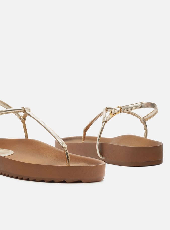 Sandália Papete Dourada Flatform Tiras Slim