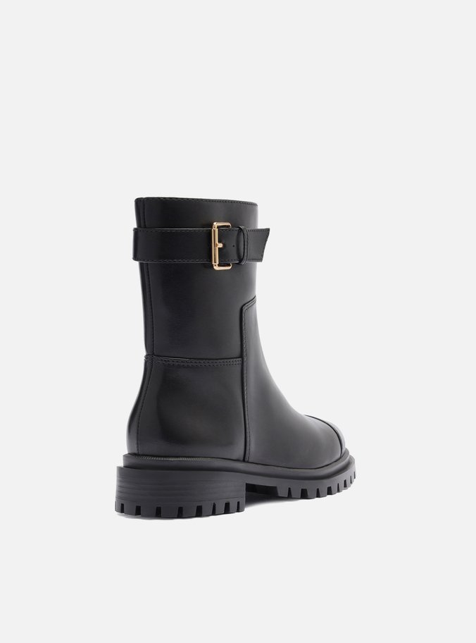 Bota Preta Couro Cano Curto Tratorada Fivela