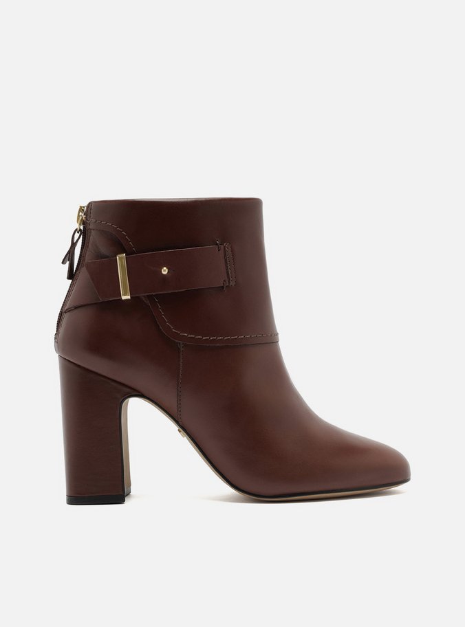 Bota Couro Salto Bloco Bico Redondo Fivela Marrom