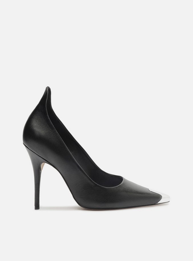 Scarpin Preto Couro Salto Fino Cap Toe Metal