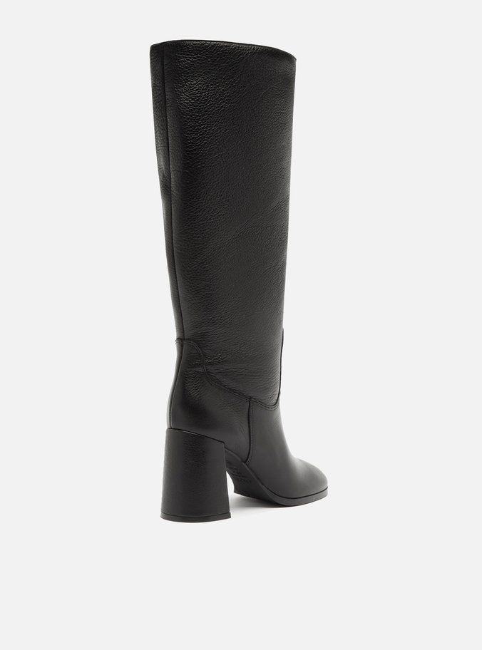 Bota Preta Couro Cano Longo Salto Médio