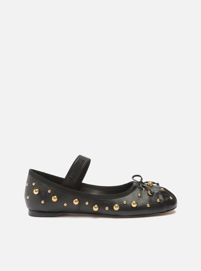 Sapatilha Boneca Preta Couro Bico Redondo Studs