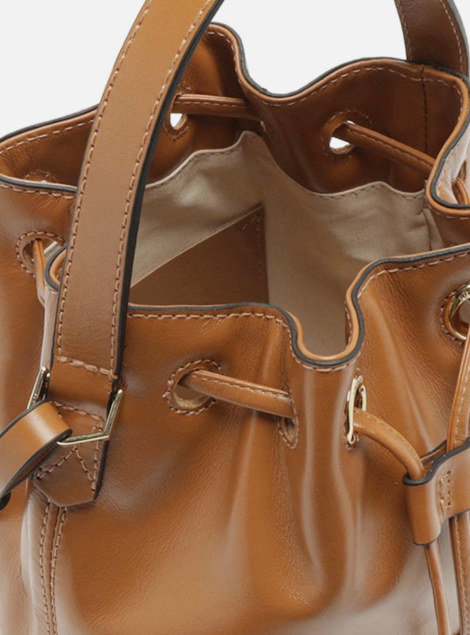 Bolsa Bucket Marrom Couro Média Zíper