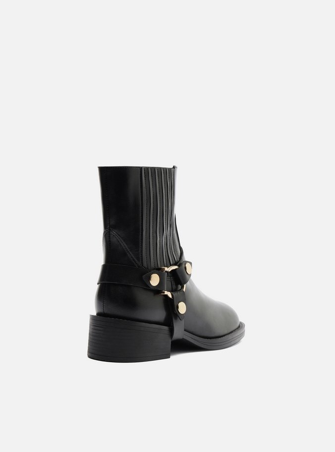 Bota Preta Couro Cano Curto Bloco Metal Biker