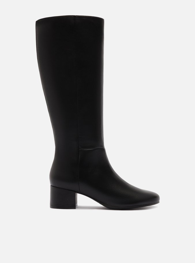 Bota Preta Couro Cano Longo Salto Baixo Bloco